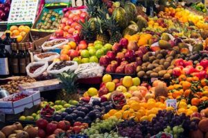 fruits and vegetables laid out in a store